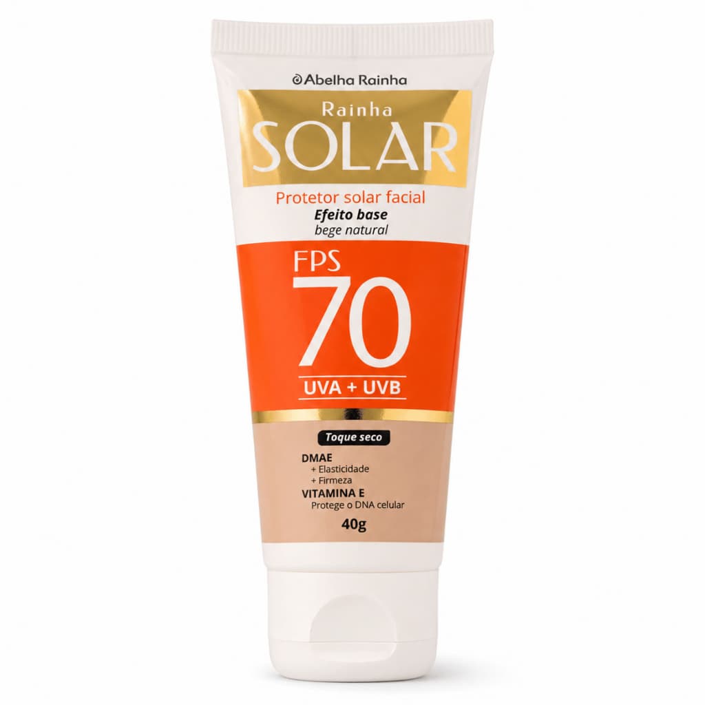 Protetor Solar Facial com Cor FPS 70 UVA UVB Toque Seco Efeito Base Abelha Rainha 40g
