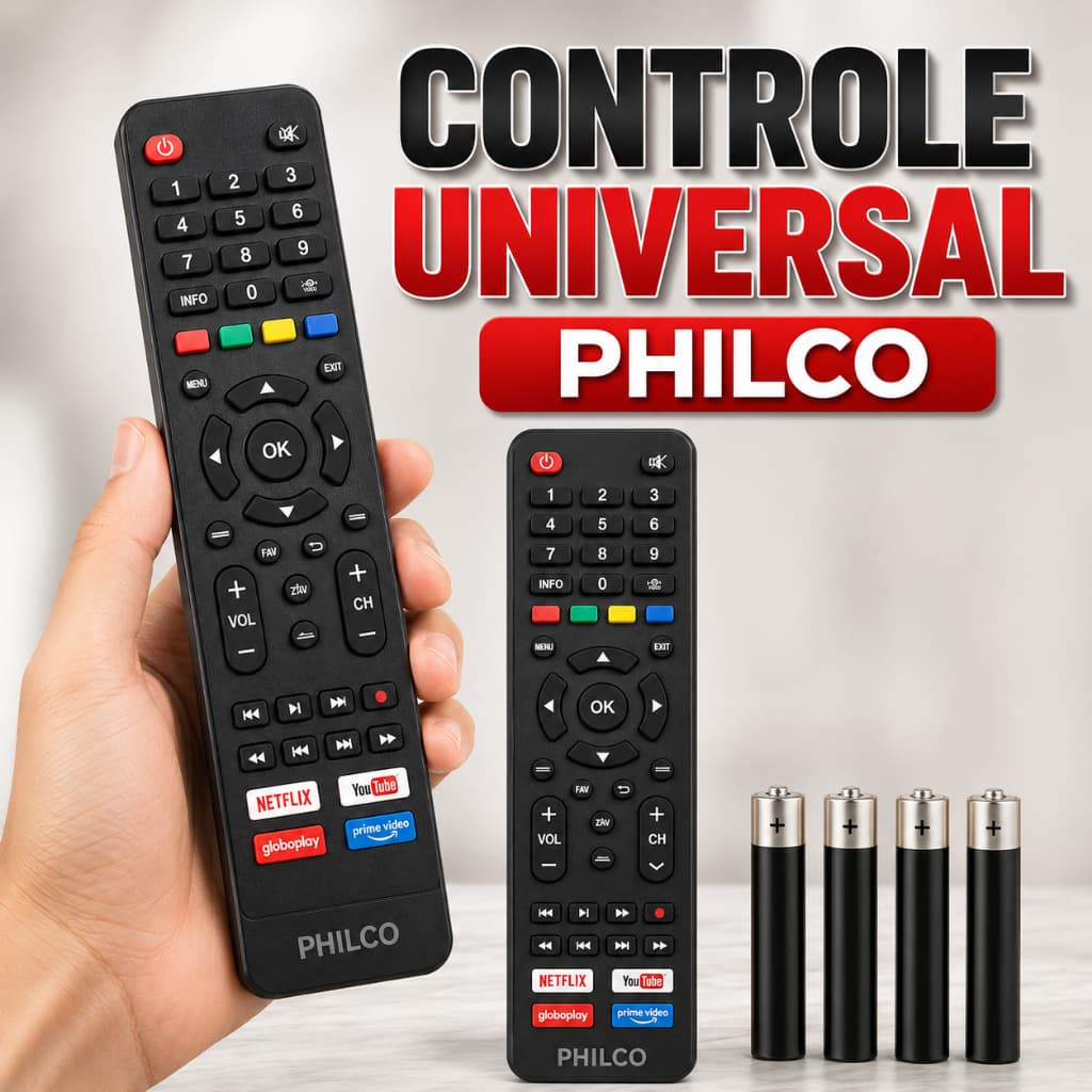 Controle Remoto Universal para TV Philco Smart 9028 com Atalhos Netflix, YouTube, Globoplay, Prime Video + 2 Pilhas AAA