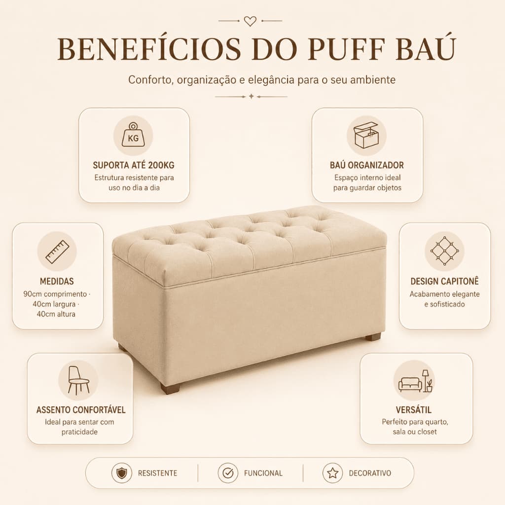 PUFF BAÚ CAPITONÊ BEGE SUEDE 90CM ESTOFADO ORGANIZADOR PORTA OBJETOS ROUPAS SAPATO BRINQUEDO PREMIUM