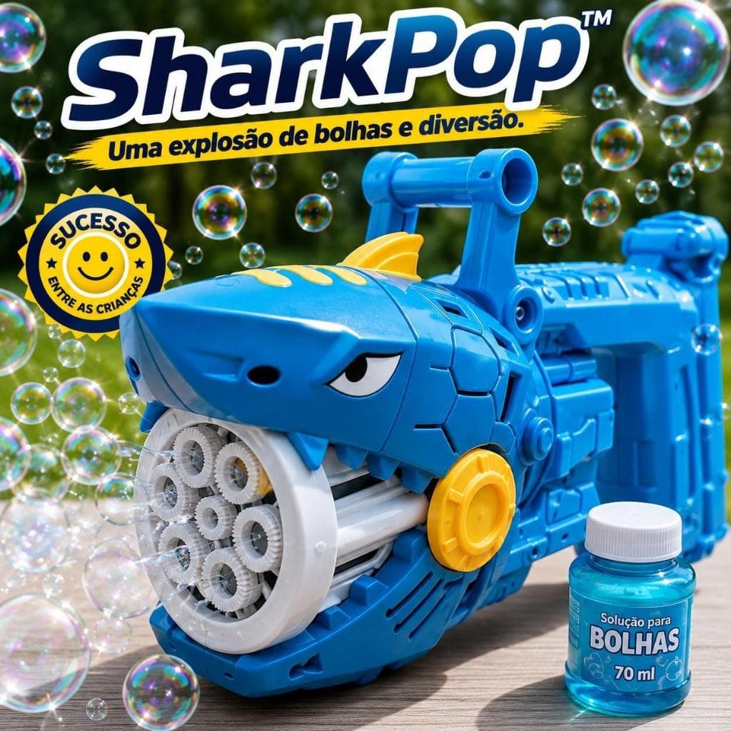Pistola de Bolhas Tubarão SharkPop Infantil Automática Máquina de Bolhas Brinquedo com Líquido 70ml Azul