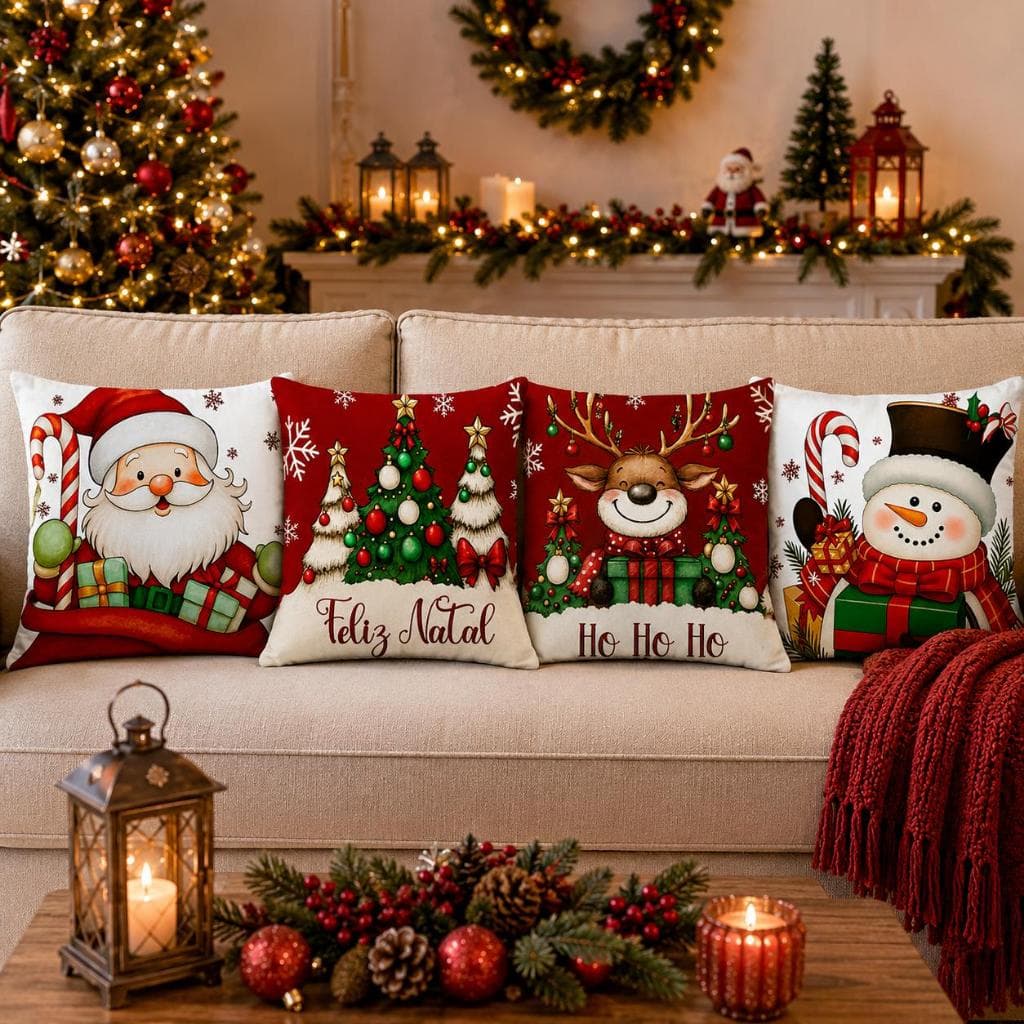 KIT 4 CAPAS DE ALMOFADAS DECORATIVAS NATAL PAPAI NOEL RENA - TAMANHO 45X45