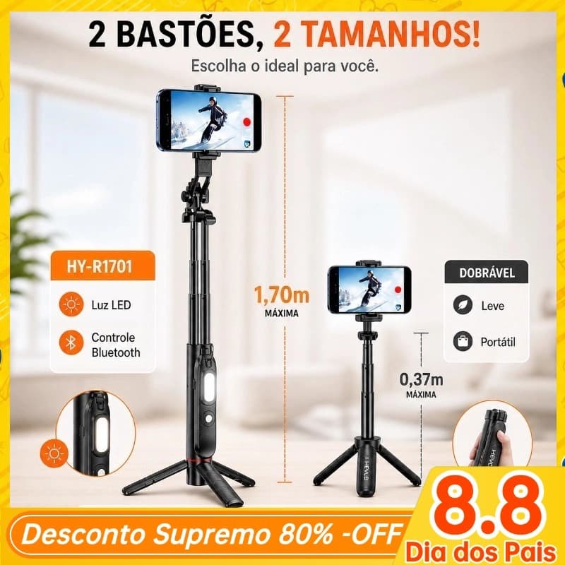 Bastão de Selfie Tripé Bluetooth 1,70m Controle Remoto com luz Sem Fio 360° Suporte Universal para Celular-R1701/R370
