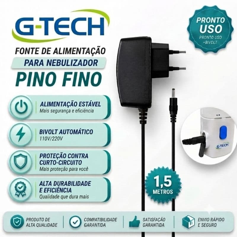 Fonte Compatível Nebulizador Portátil GTech Nebmesh 1 - 2 / Nebzmart/ Multilaser/ Mateliz 5v - Pino Agulha