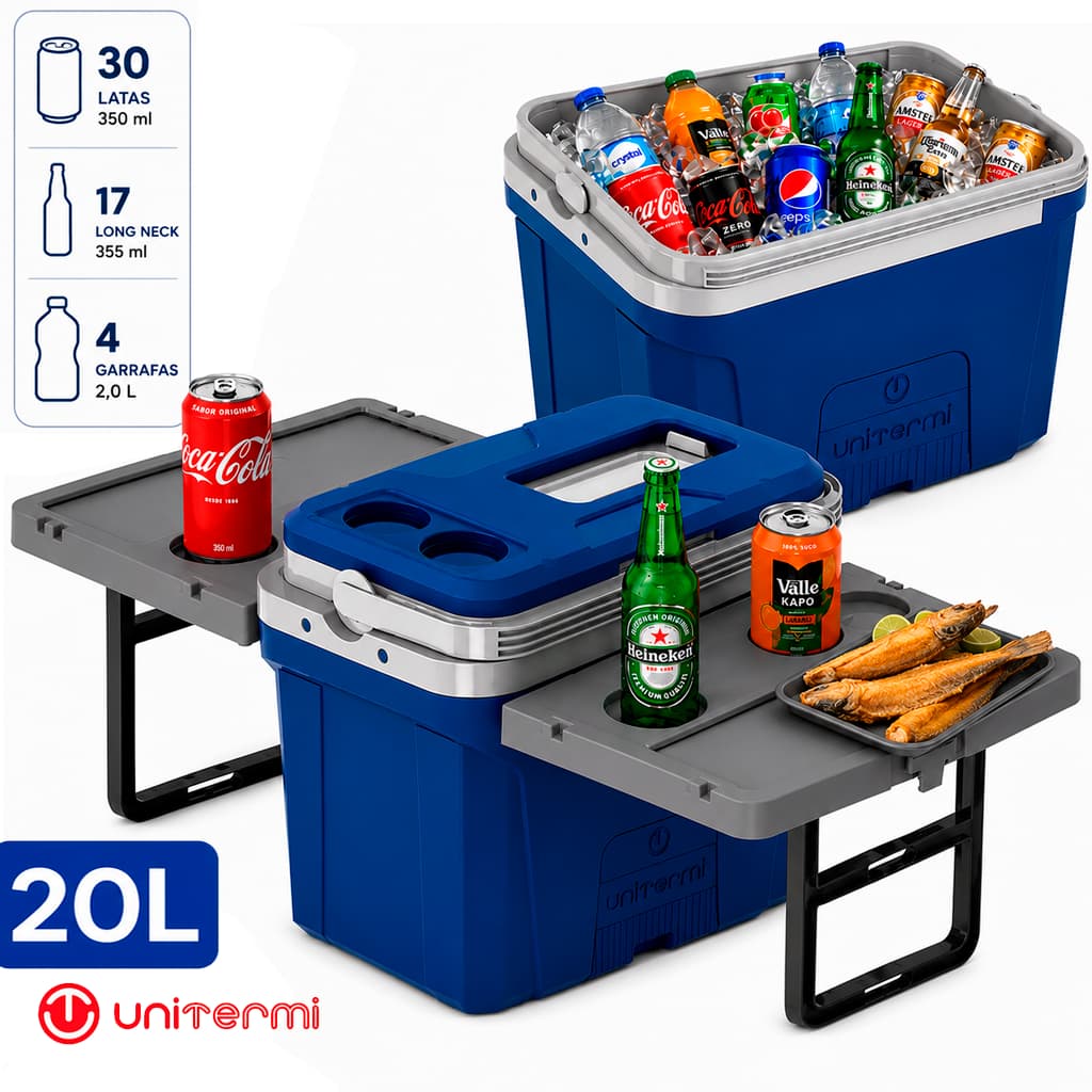 Super Caixa Termica 20L Unitermi Jurerê 2 Mesas Lateral Multifuncional Dobrável Cooler Portátil