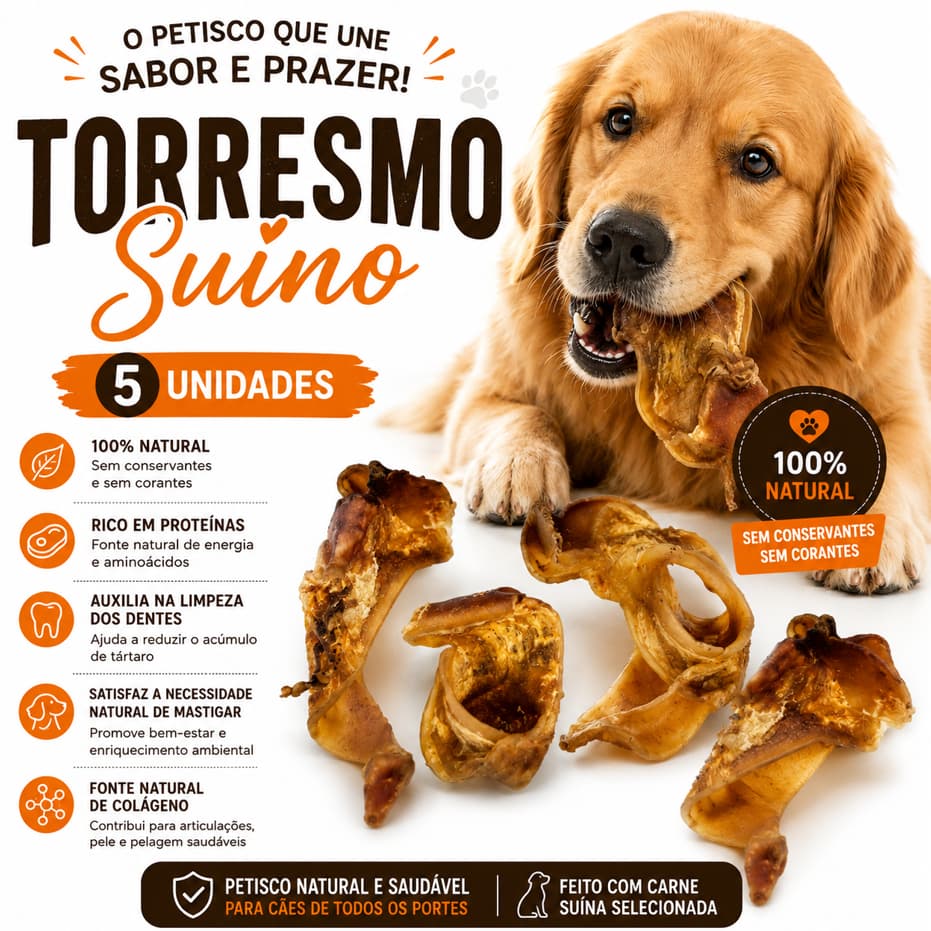 Torresmo Suíno Desidratado para Cães 5 Un Petisco 100% Natural Rico em Colágeno e Proteínas