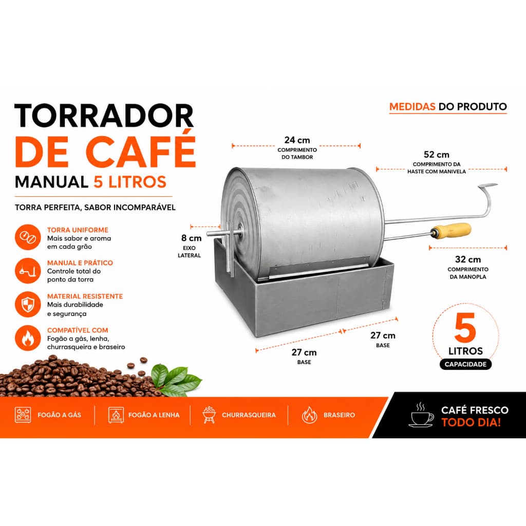 Torrador de Cafe Manual 5 litros Aço Reforçado