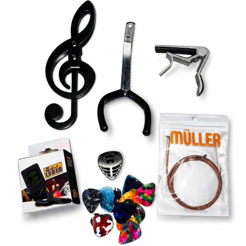 KIT 6 EM 1 Essencial - Suporte de violão, afinador, jogo de cordas, porta palhetas, capotraste e 5 palhetas.