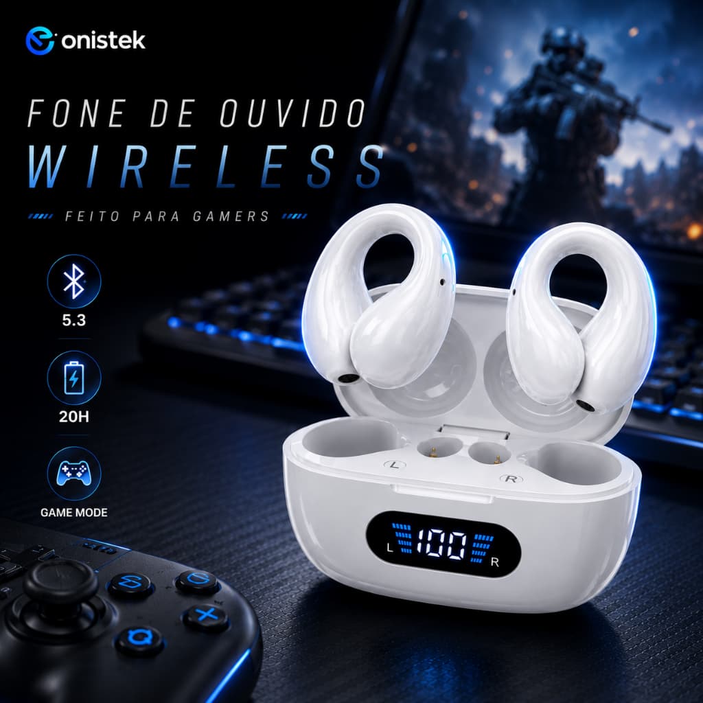 Fone Bluetooth Condução Óssea Onistek ON-TWS24 Sem Fio Bluetooth 5.3 Esportivo Microfone Longa Duração