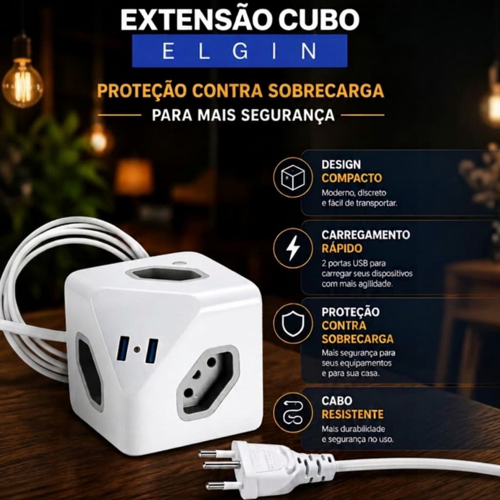 EXTENSAO DE CUBO ELGIN 2P+T 10A 1,5M