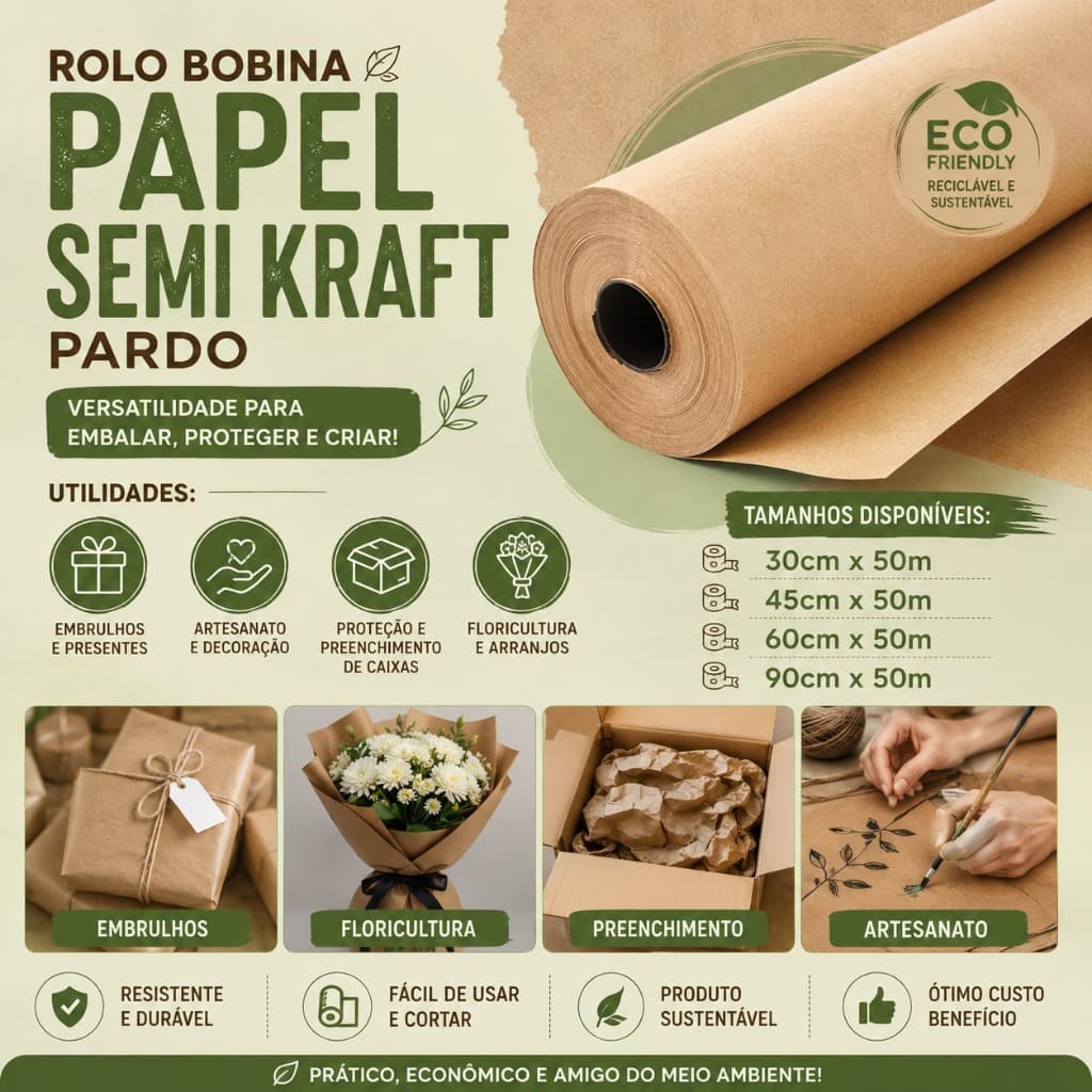 Rolo Bobina Papel Semi Kraft Pardo Embalagem Mascaramento 30cmx50m 45cmx50m 60cmx50m 90cmx50m