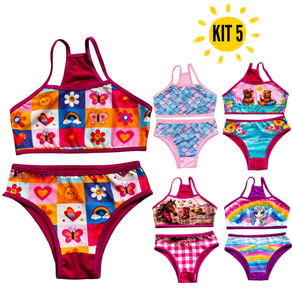 Kit  5 Conjuntos Biquíni Infantil Sublimado Calcinha e Top Desenho Presente menina praia  Verão 2026