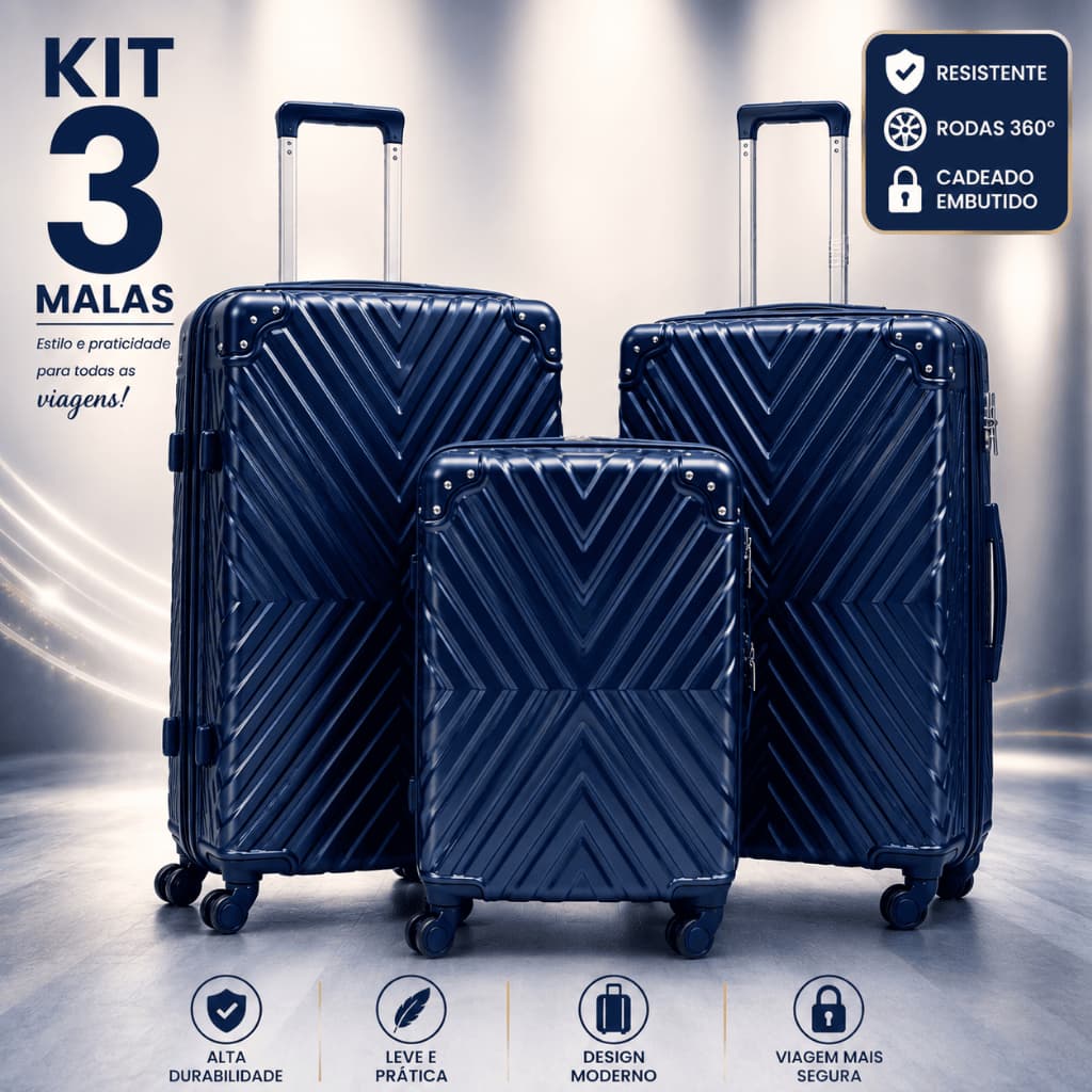 Kit 3 Malas Viagem Expansível ABS Resistente Rodinhas 360º Bordo(P-10kg) Grande(G-32kg) Média(M-23kg)