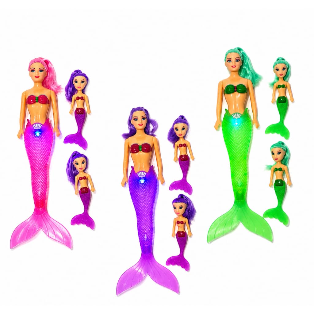 Brinquedo Infantil Boneca De Sereia + 2 Sereia Pequena Com Luz