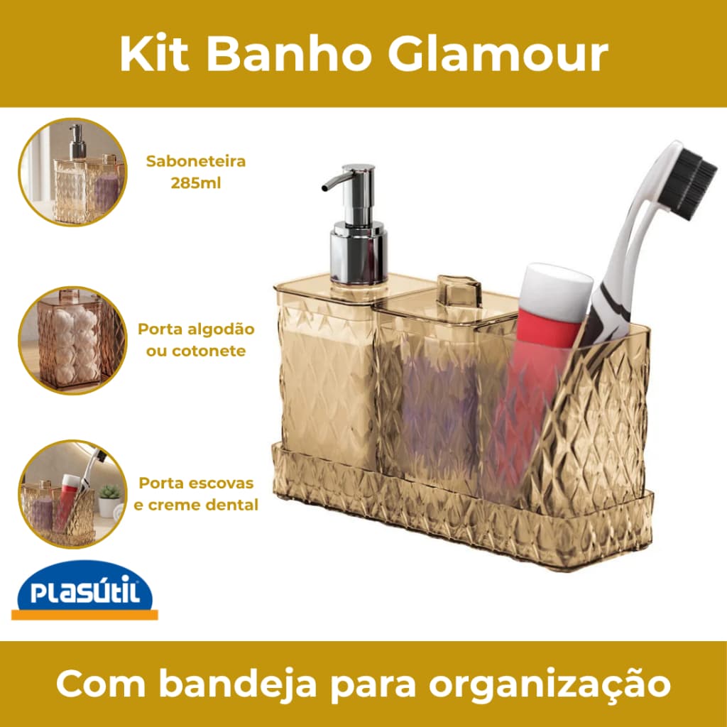 Kit Banheiro Porta Escovas de Dente Sabonete Líquido Organizador Lavabo Acrílico 4 Peças Glamour
