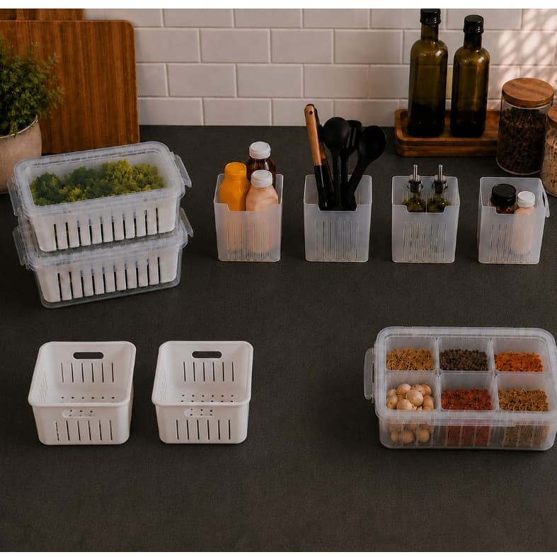 Kit Geladeira com 2 Potes Escorredores 1 Porta Tempero 4 Organizador de Porta e 2 Cestinhas
