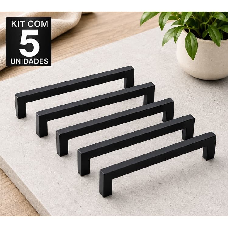Kit 5 Puxadores Rezzo IL811 Preto Fosco 160mm Moveis Armarios Gavetas Portas