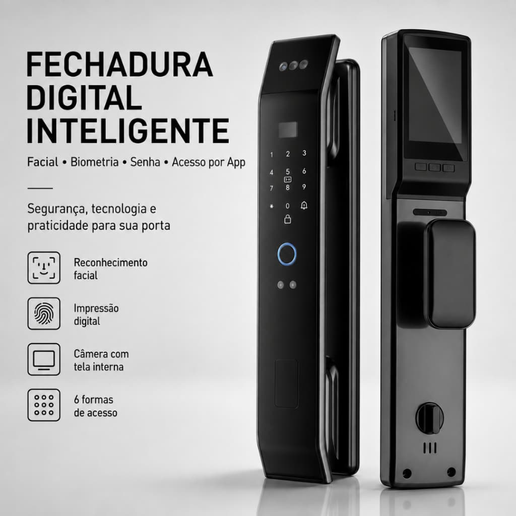 Fechadura Digital Inteligente Reconhecimento Facial Biometria Senha Cartão Câmera HD App Eletrônica Visor Interno Porta