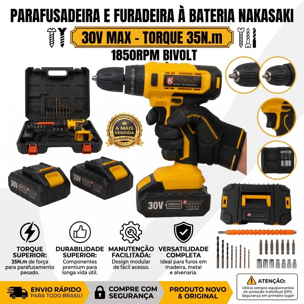 Parafusadeira Furadeira Sem Fio 30V Profissional com 2 Baterias Recarregáveis + Maleta e Kit de Brocas