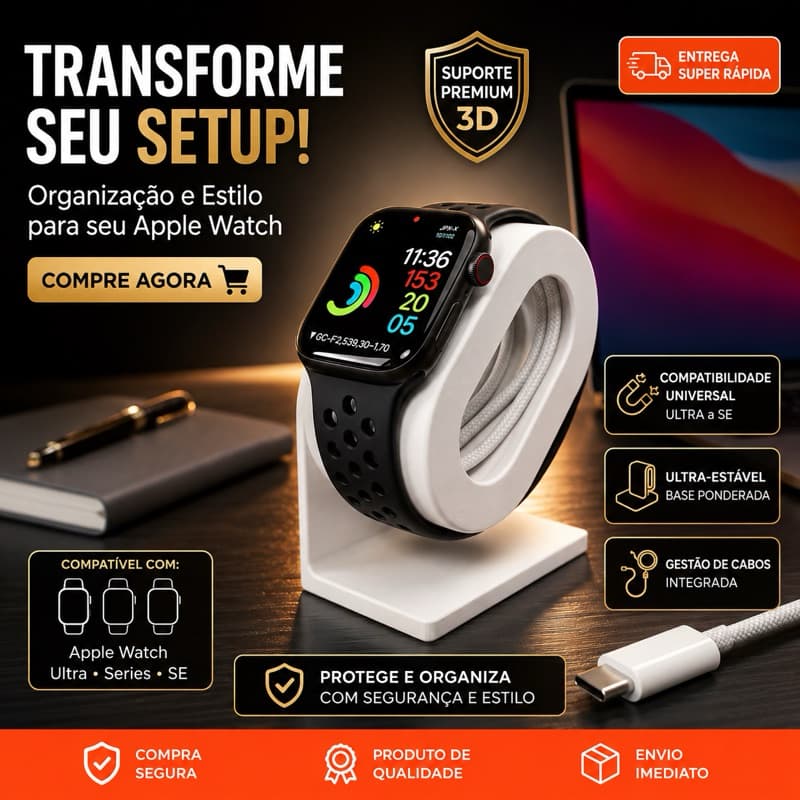 Suporte Apple Watch PLA Premium Organizador de Mesa Compatível Ultra Series SE Base Estável Impressão 3D Branco e Preto
