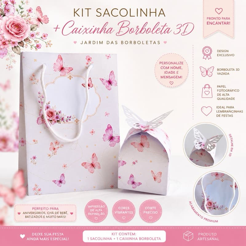 Kit Sacolinha e Caixa Borboleta 3D Personalizadas | Lembrancinha Festa Infantil | Qualquer Tema