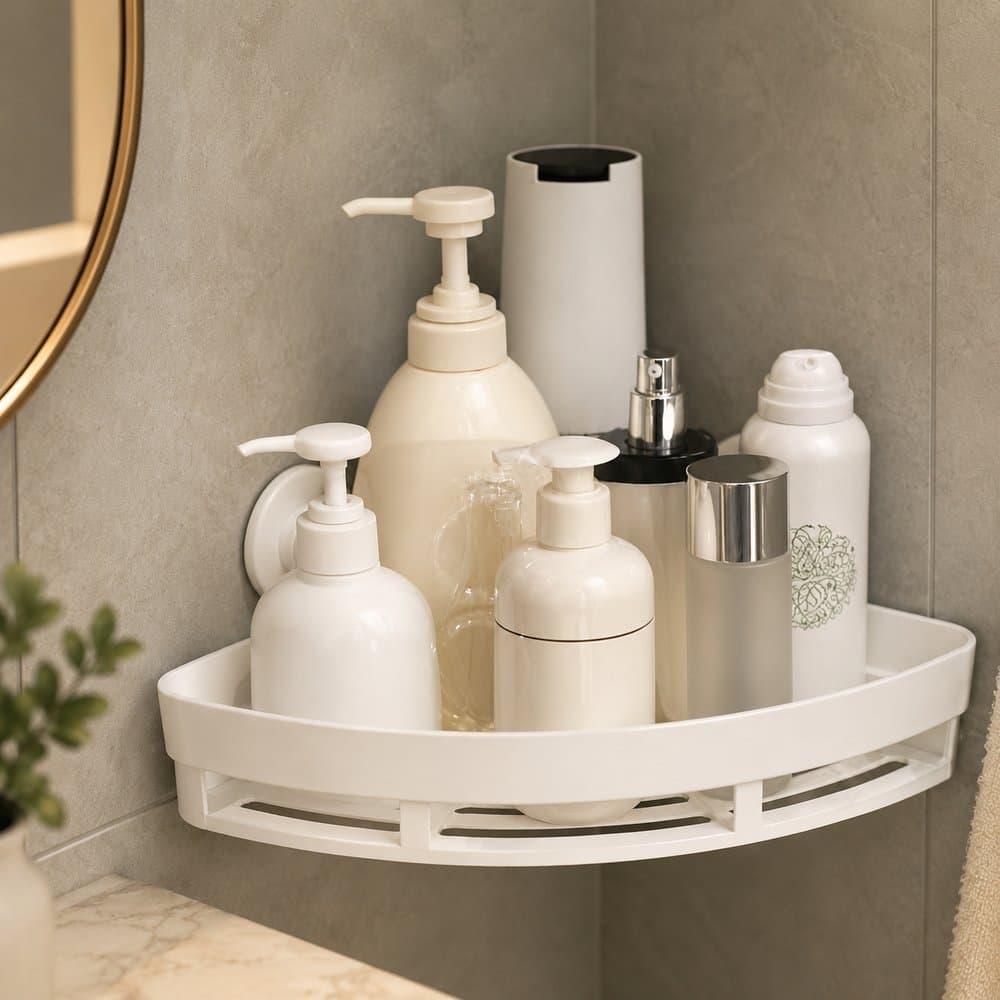 Suporte De Shampoo e Sabonete de Canto Multiuso com Ventosa Adesiva Organizador Prateleira para Banheiro Cozinha Branco