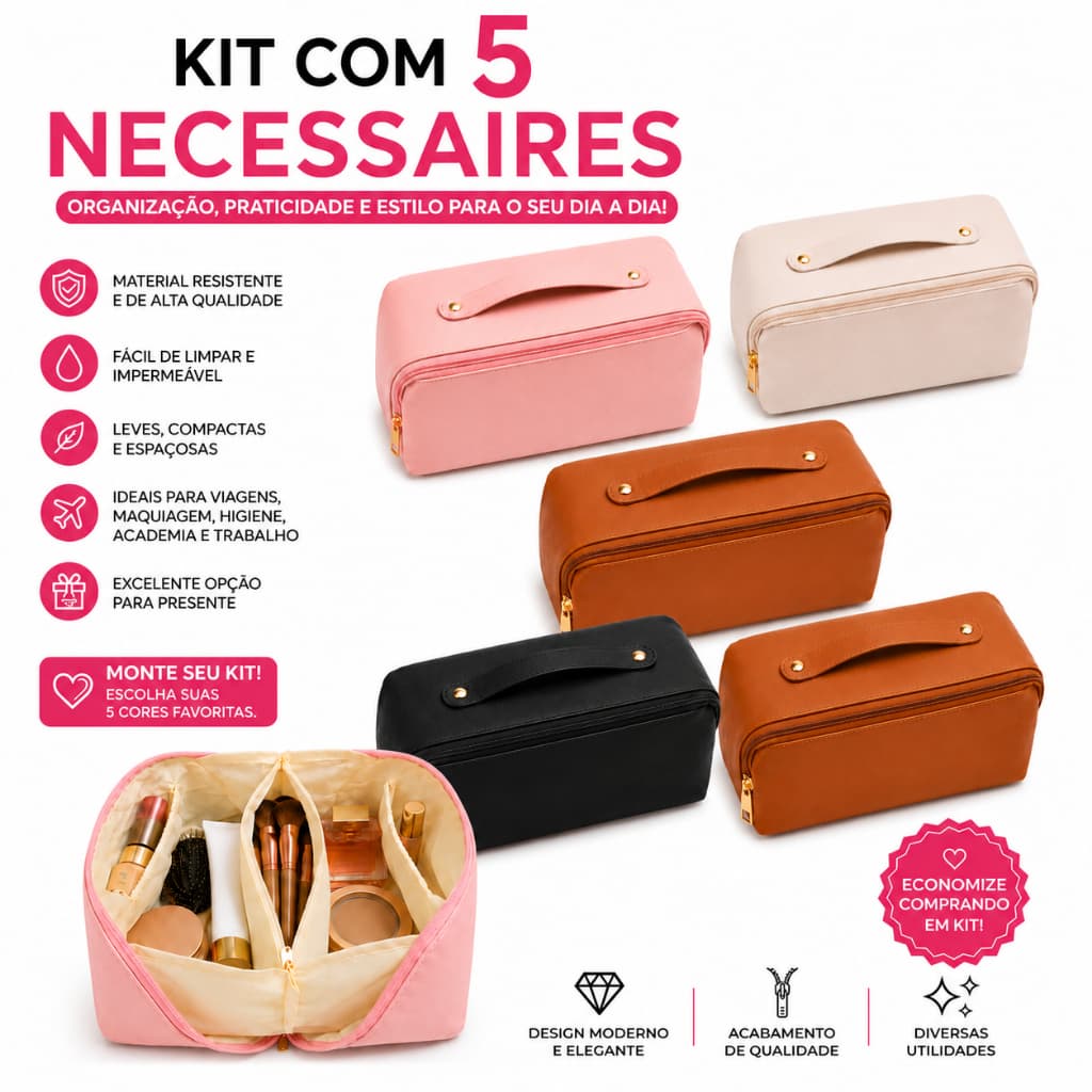kit 5 Necessaire  Com Divisórias Elegante Organizadora Para Maquiagens Skin care Para Viagens Resistente a Água
