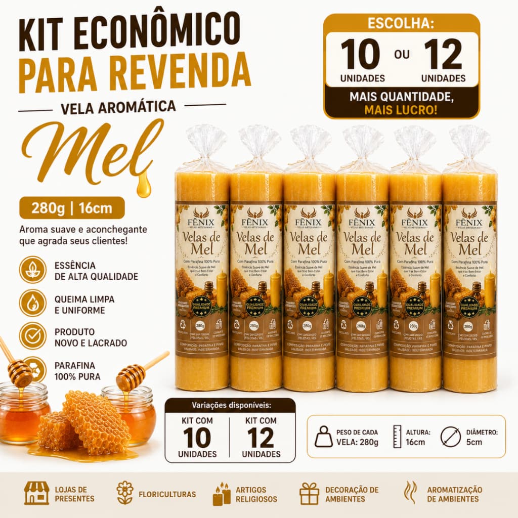 Vela Aromática Mel 280g 16cm Kit 10 ou 12 Unidades Atacado Revenda