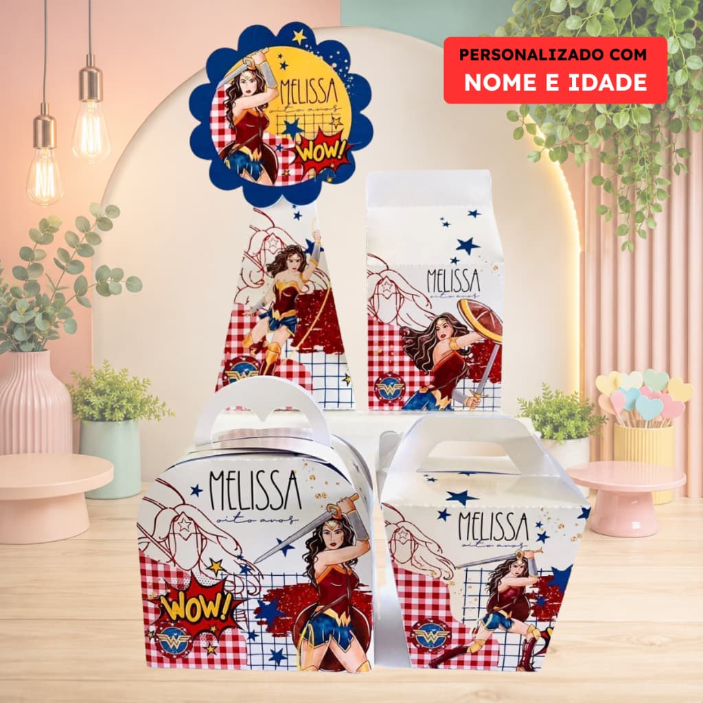 CAIXINHA MULHER MARAVILHA - PEGUE E MONTE -  PERSONALIZADAS COM NOME E IDADE - KIT FESTA, DECORAÇÃO, LEMBRANCINHA