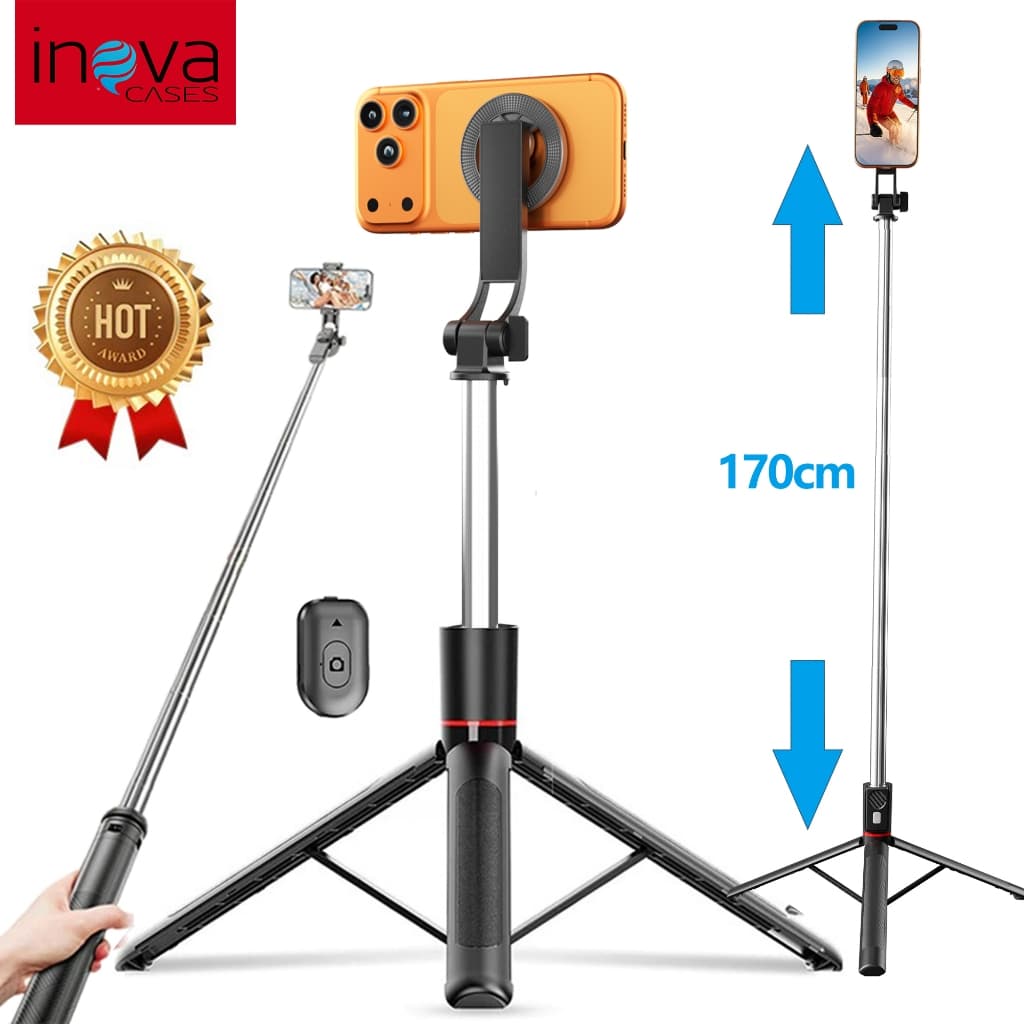 Inova Bastão de selfie Tripé Magnético telescópico 170cm Bluetooth com controle remoto para celular com suporte de tripé