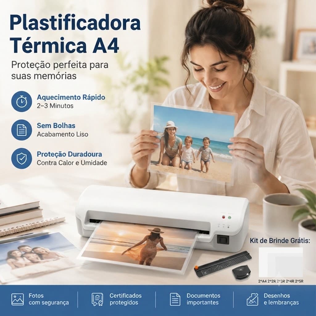 Plastificadora e Laminadora A4 10 Bolsas De Plástico+Cortador De Papel Função+ Fria E Quente + Abs Anti-Atolamento 220V