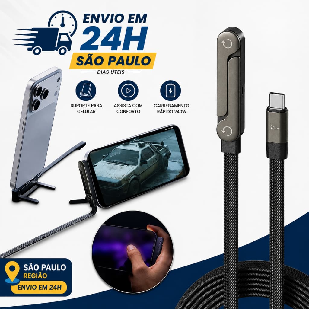Cabo Carregador USB-C 240W com Suporte para Celular 2 em 1 Carga Rápida para Jogos e Vídeos