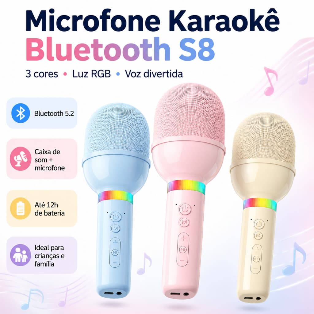 Microfone Karaokê Bluetooth KA-1009 Portátil com Caixa de Som, Luz RGB, Efeitos de Voz, USB-C e Redução de Ruído