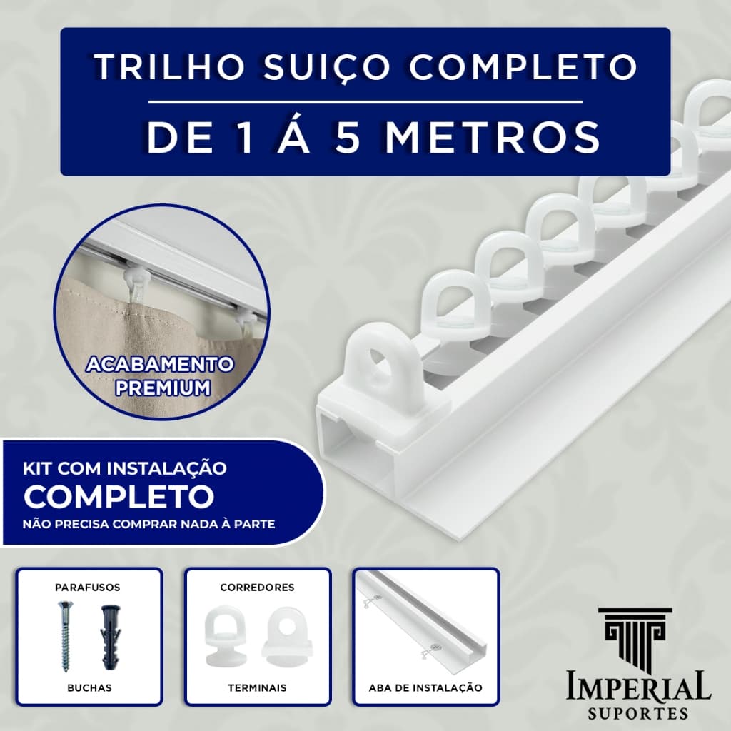Trilho Suiço Max Alumínio 1,00m à 5,00m Simples Com Aba Branco Completo para Instalação