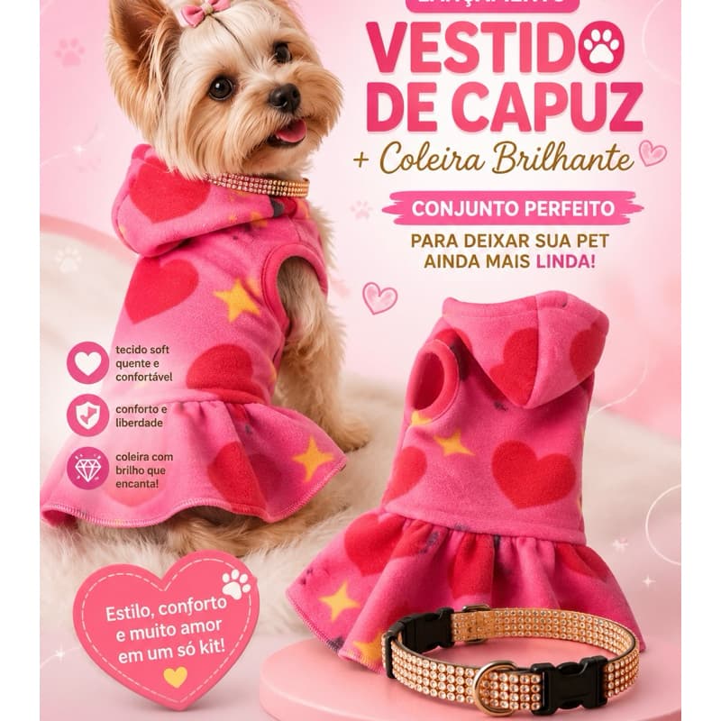 Vestido Pet com Capuz Rosa + Coleira de Brilho Strass | Roupa de Frio para Cachorro