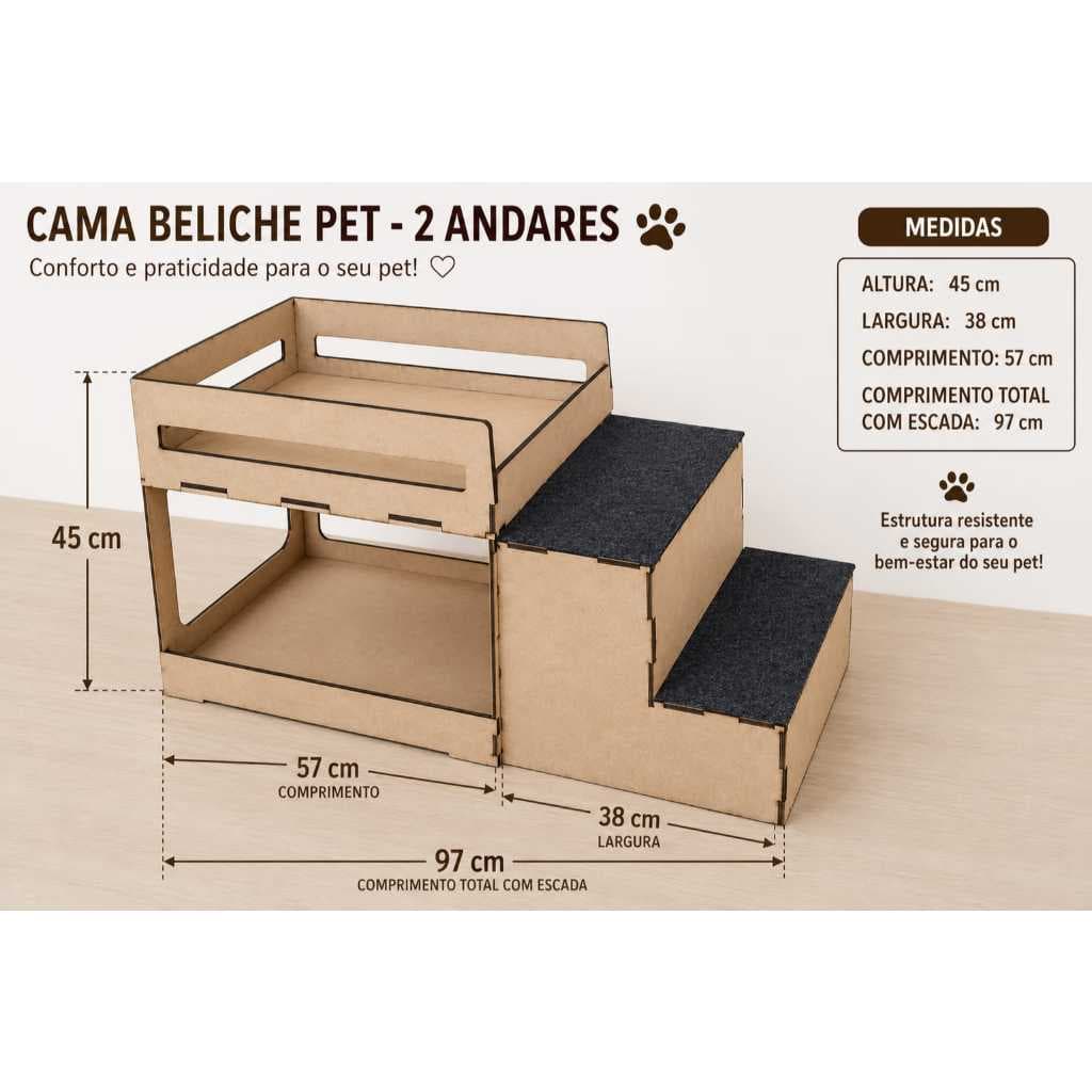 Cama beliche dois andares tamanho G para pet gato e cachorro em mdf cru