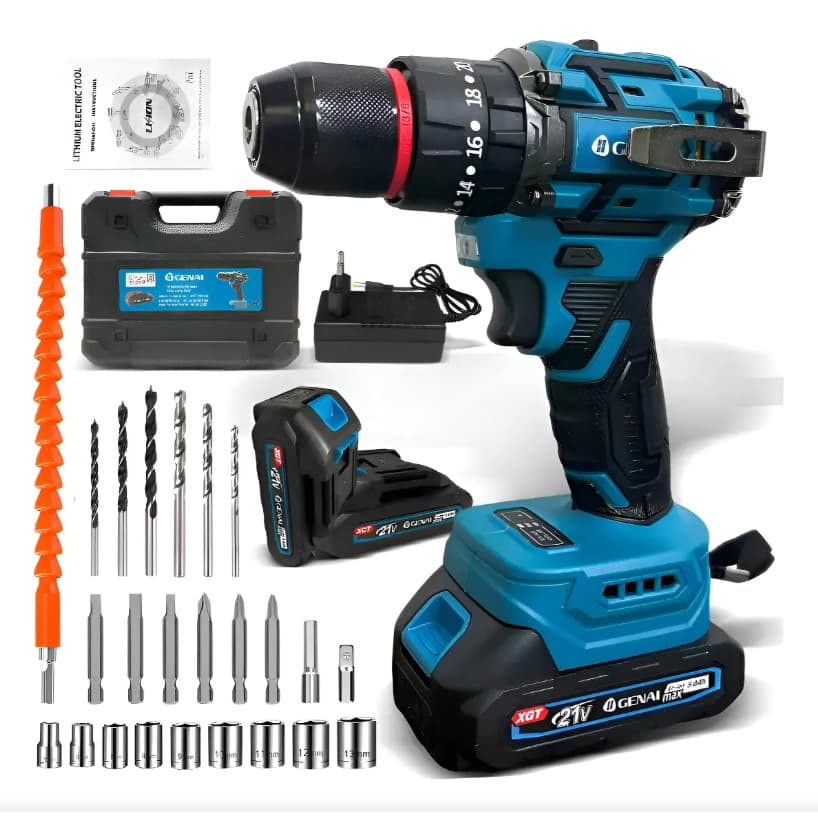 Conjunto Parafusadeira Furadeira Portátil 2 Baterias 21V Bivolt Sem Escova