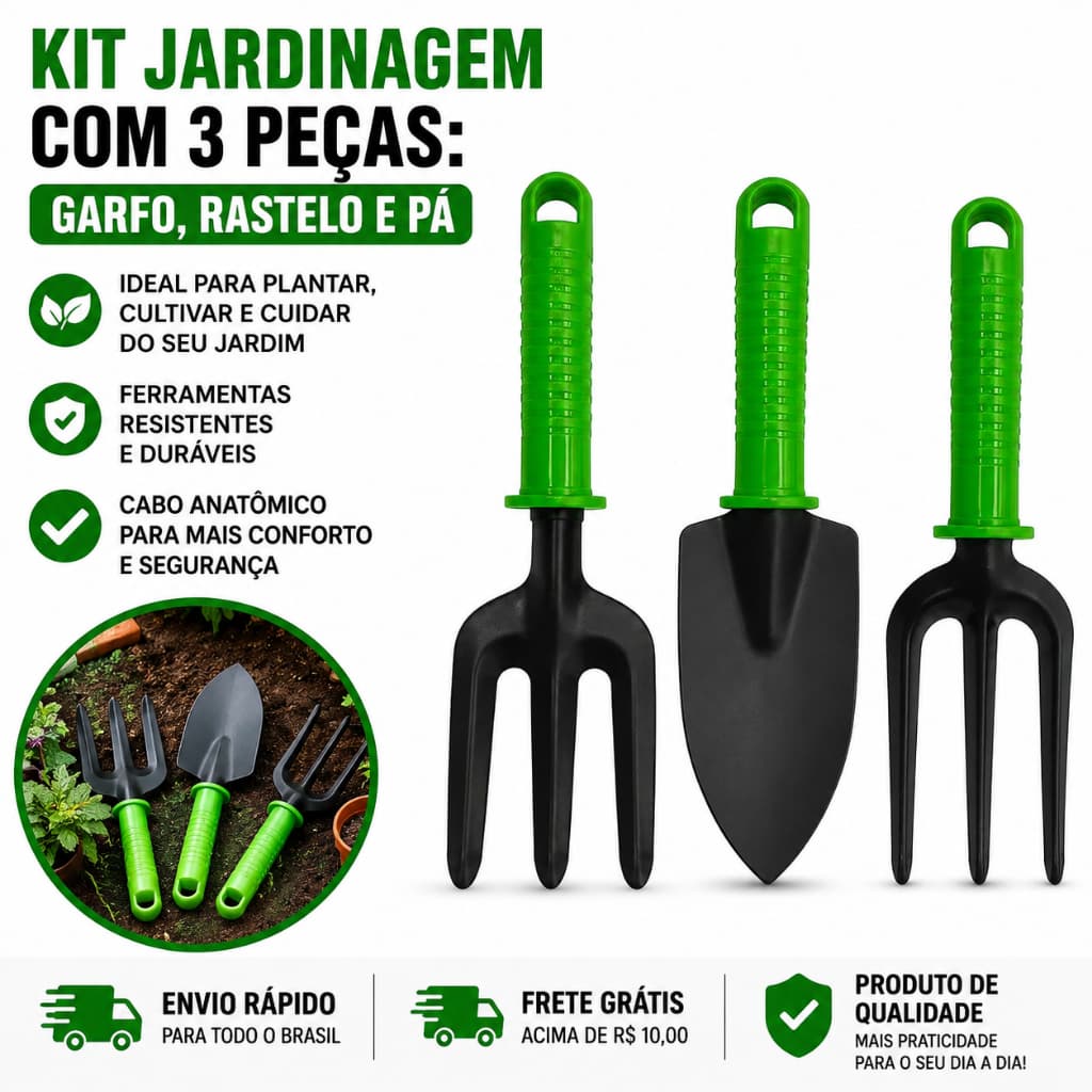 Kit Jardinagem 3 Peças Pá Garfo Rastelo Ferramentas para Jardim Horta Vasos