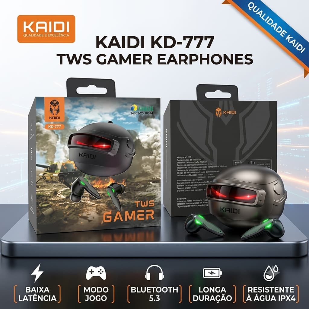 Fones de Ouvido Gamer Bluetooth Sem Fio TWS Kaidi KD-777 - Conectividade Bluetooth Comandos de Voz Reprodução de Música
