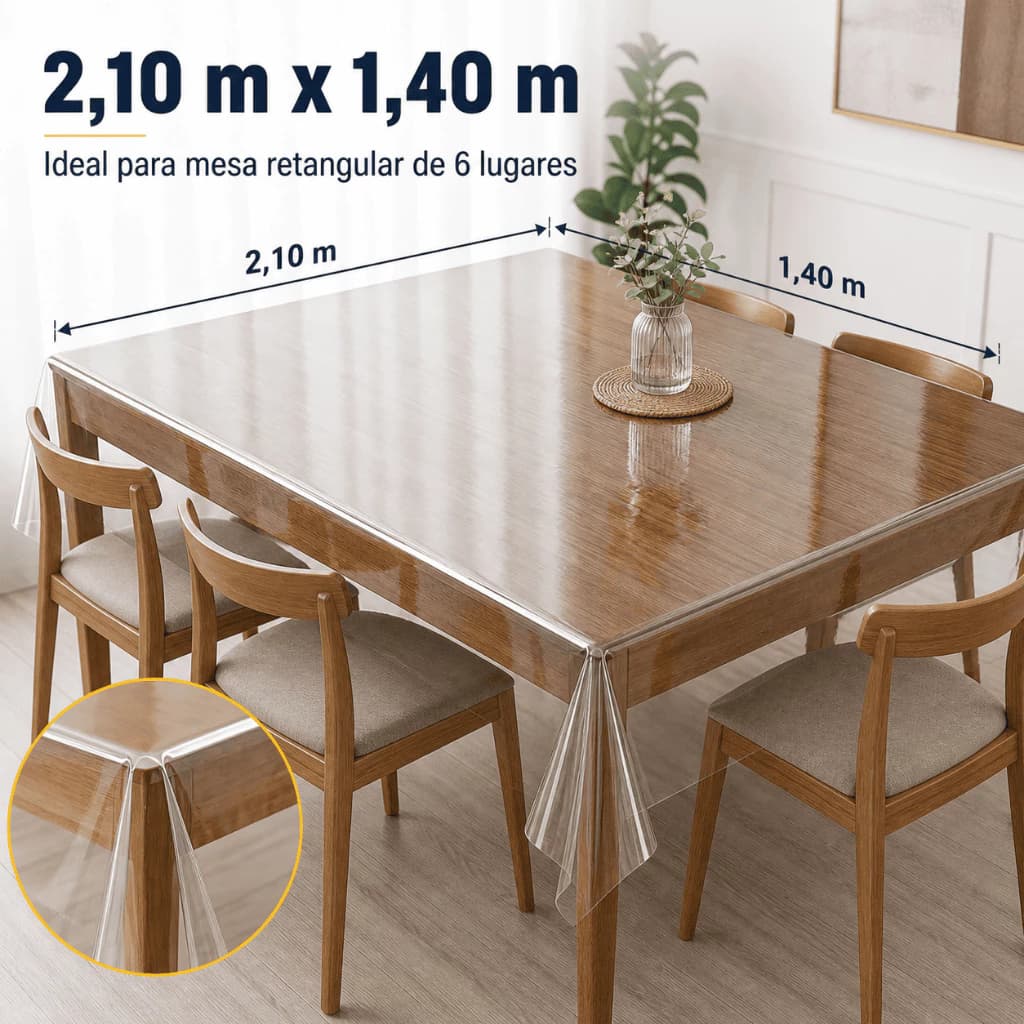 Toalha de Mesa Retangular 2,10 x 1,40m Protetor Plástico Incolor Transparente 100% Pvc