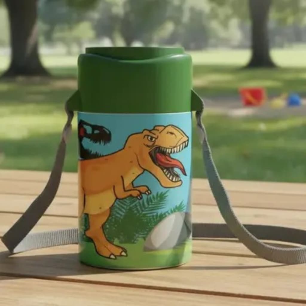 Copo Cantil Dinossauro Infantil Verde Com Alça Escola Passeio 420 ML