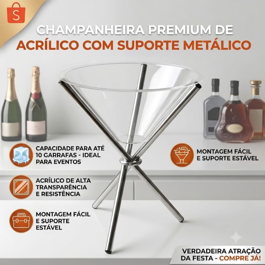 Champanheira Acrílica Tripé Premium com Suporte Metálico Balde de Gelo para Vinho Espumante e Bebidas
