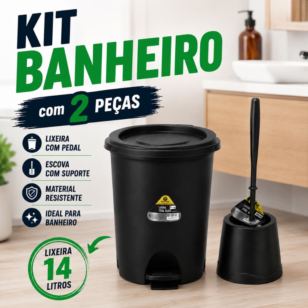 KIT BANHEIRO 2 PEÇAS LIXEIRA 14 LITROS COM PEDAL ESCOVA SANITÁRIA COM SUPORTE PLÁSTICO RESISTENTE MULTIUSO - PRIVADA