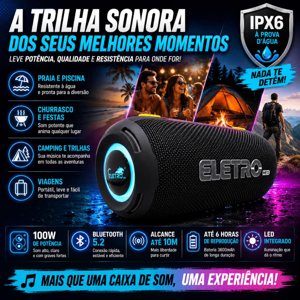 Caixa de Som Bluetooth LED 100W Prova D'agua com Alça