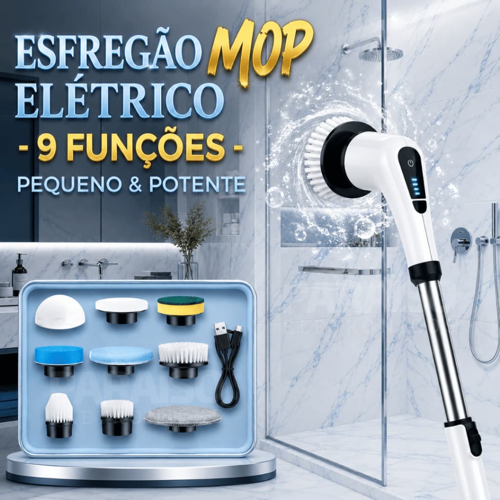 Esfregão Elétrico MOP 9 em 1 Escova de Limpeza Pesada Giratória 25W Multiuso Sem Fio Recarregável