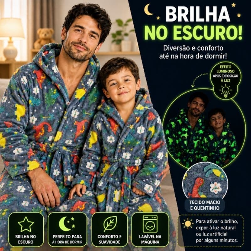 Roupao kit pai e filho Microfibra com estampas que brilha no escuro