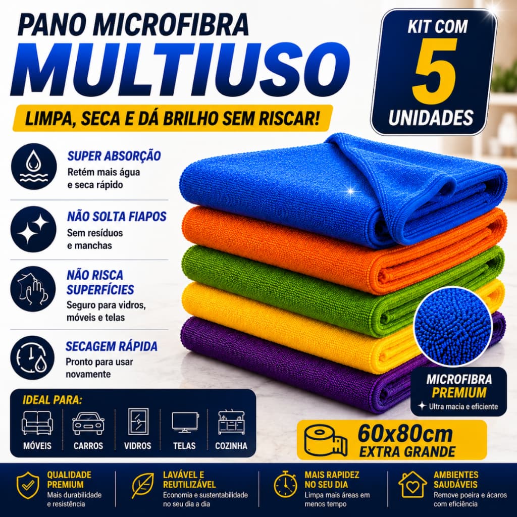 Panos De Chão Grandes Em Microfibra 80x60cm Neves Kit 5 Atacado Cor Sortida