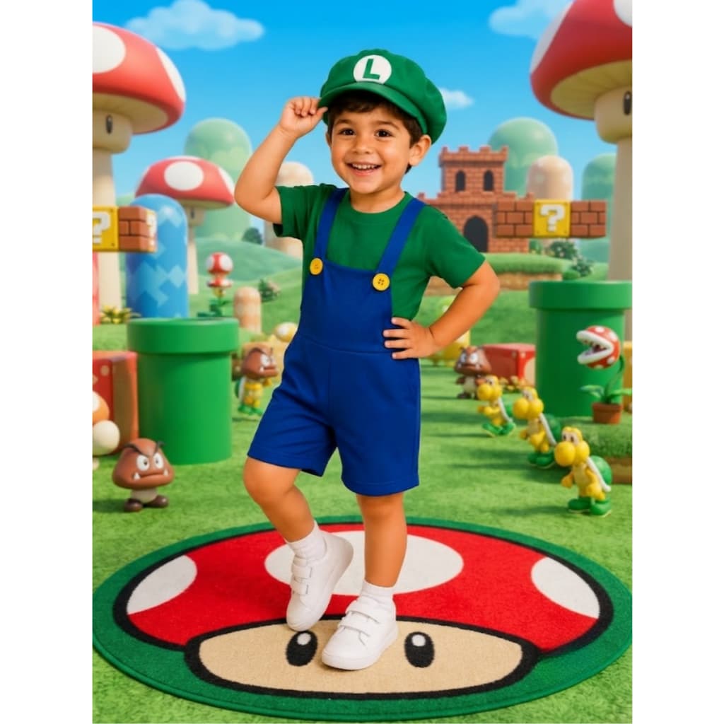 Fantasia Infantil Luigi Mario Acompanha Jardineira Camiseta e Boina Roupa Leve e Confortável Meninos Conjunto