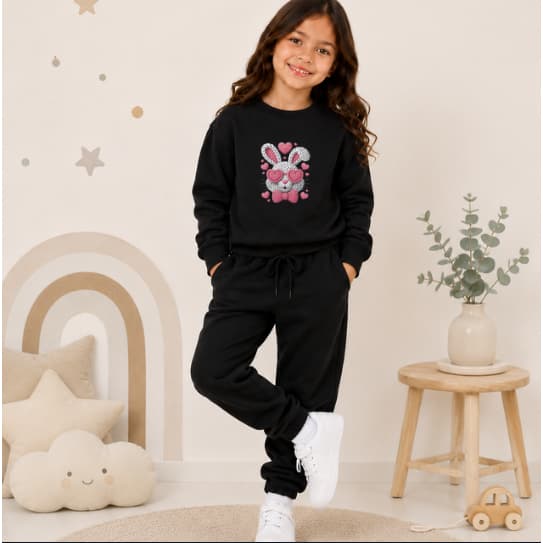 Conjunto Moletom Agasalho De Frio Gola Careca Infantil Várias Cores Premium Estampa Coelho Óculos Corações