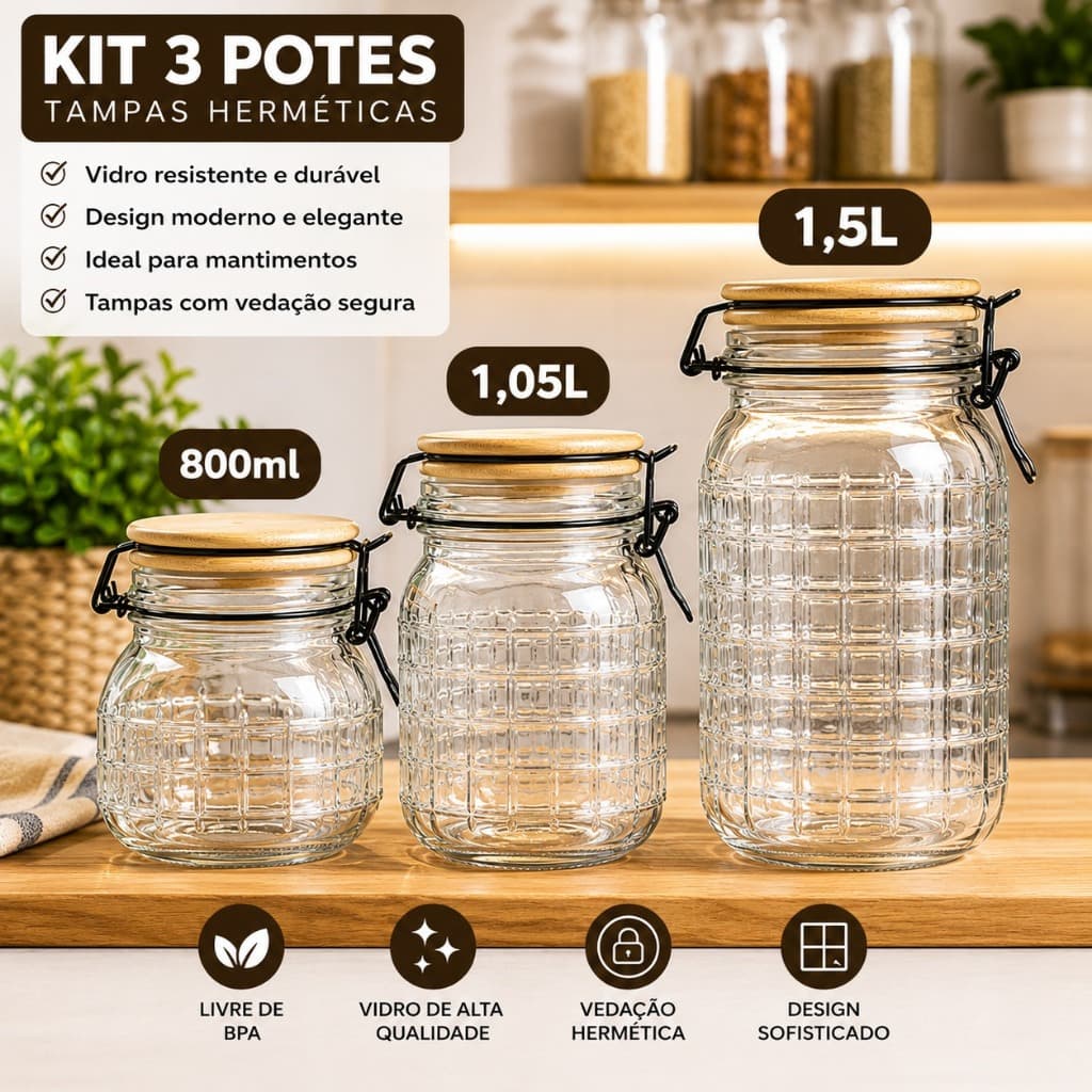 Potes Herméticos de Vidro com Tampa de Bambu 800ml 1,05L e 1,5L Porta Mantimentos Premium