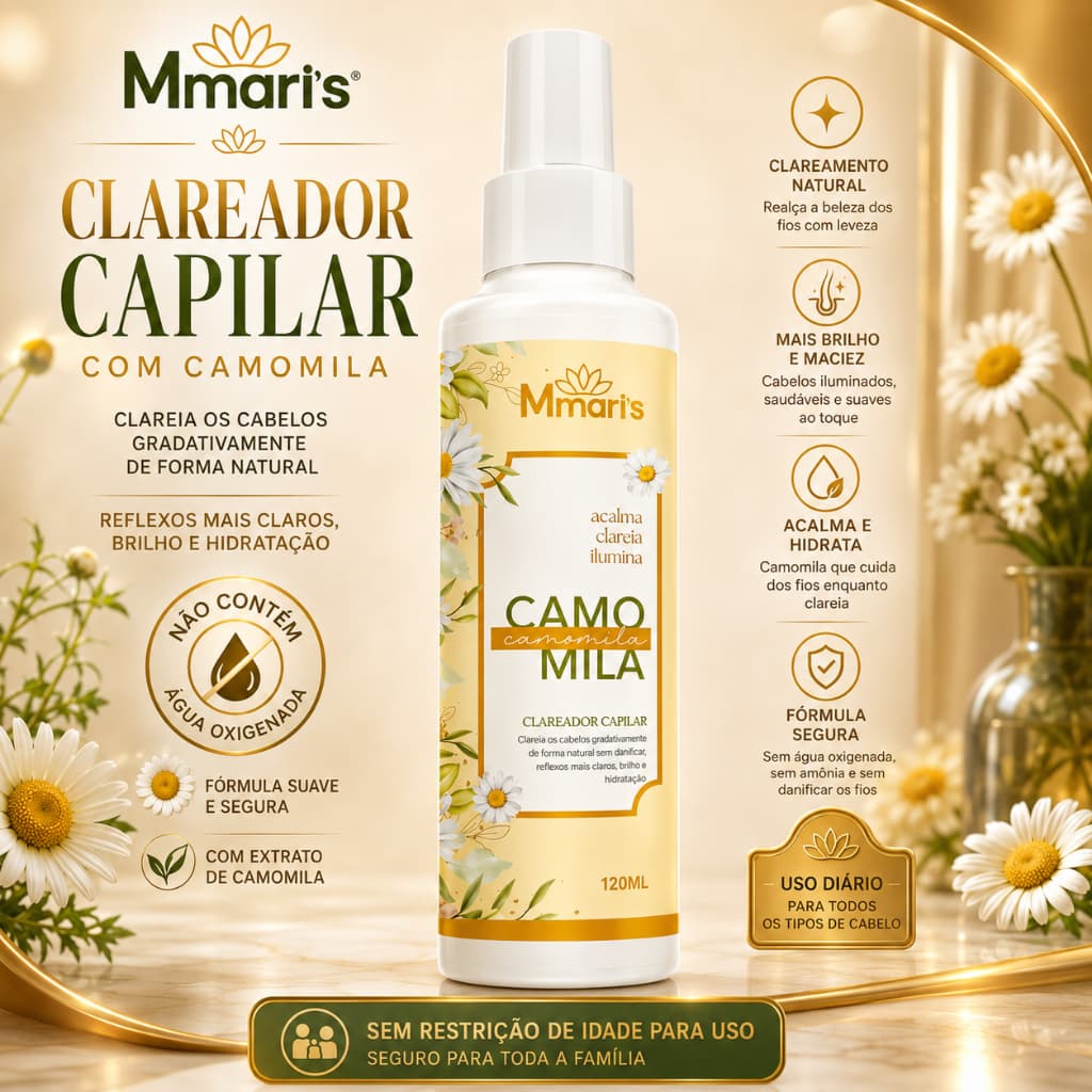Clareador De Cabelo Natural Camomila Spray Clarear Cabelos Clareia Reflexos Naturais M Mari's NÃO contém Água Oxigenada